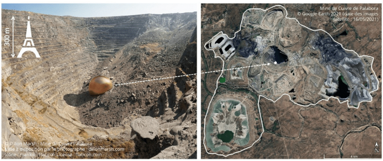 Photomontage de Dillon Marsh pour montrer la taille de l'extraction du cuivre en comparaison avec la taille de la mine de cuivre de Palabora